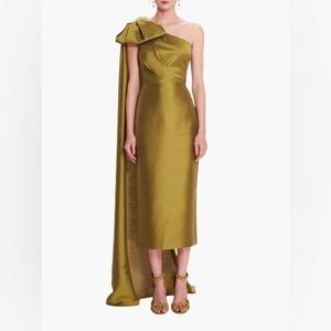Marchesa Notte Silk Mikado Midi Dress in Olive